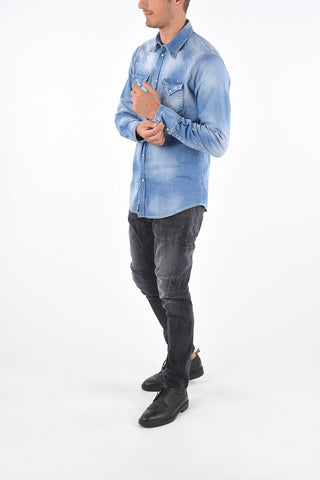 Snap Button Distressed Denim Shirt
