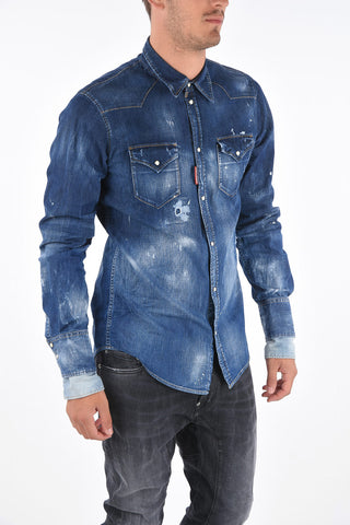 Distressed Denim Western Shirt with Snap Closure