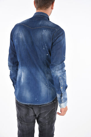 Distressed Denim Western Shirt with Snap Closure