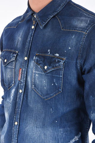 Distressed Denim Western Shirt with Snap Closure