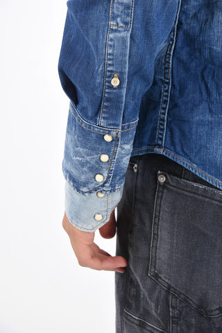 Distressed Denim Western Shirt with Snap Closure