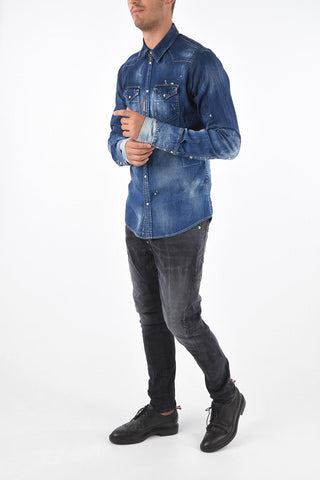 Distressed Denim Western Shirt with Snap Closure