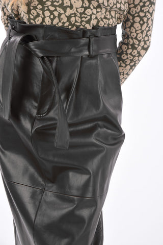 Gonna Midi a Doppia Pince in Pelle con Cintura