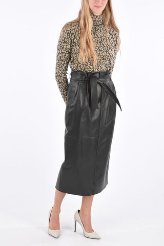 Gonna Midi a Doppia Pince in Pelle con Cintura