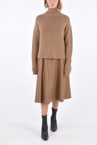 Leather and Silk A-Line Dress with Virgin Wool Crochet Sweater