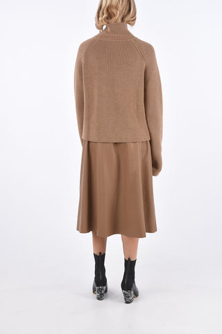 Leather and Silk A-Line Dress with Virgin Wool Crochet Sweater
