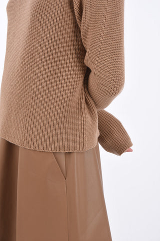 Leather and Silk A-Line Dress with Virgin Wool Crochet Sweater