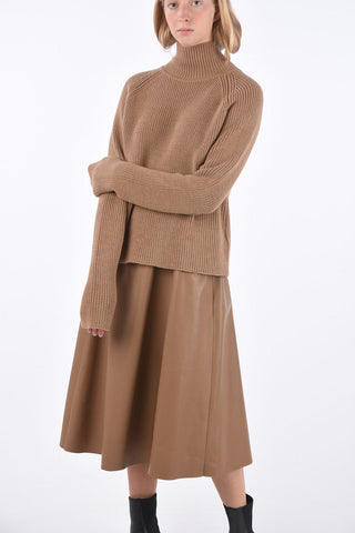 Leather and Silk A-Line Dress with Virgin Wool Crochet Sweater
