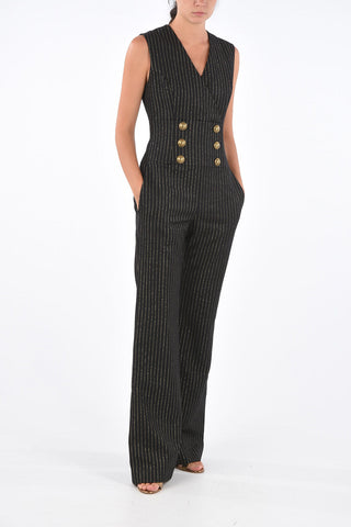 Pinstriped Jetted Pocket Double-Breasted Jumpsuit 