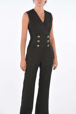Pinstriped Jetted Pocket Double-Breasted Jumpsuit 