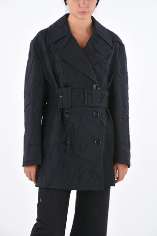 MM6 Ruched Blend Wool Pinstriped Double-Breasted Trench
