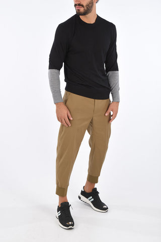 Wool and Silk Contrast Sleeve Crew-Neck Sweater