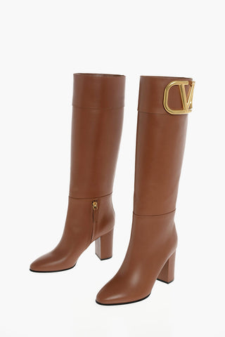 Leather SUPER VEE Knee boots with Logoed Buckle 9cm