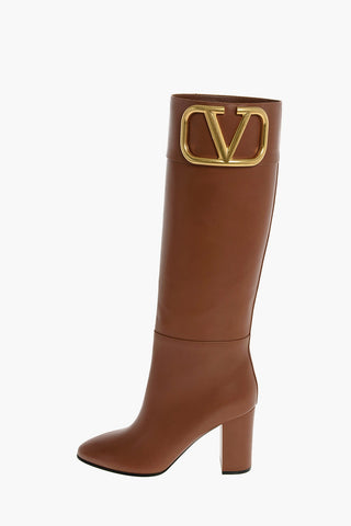 Leather SUPER VEE Knee boots with Logoed Buckle 9cm