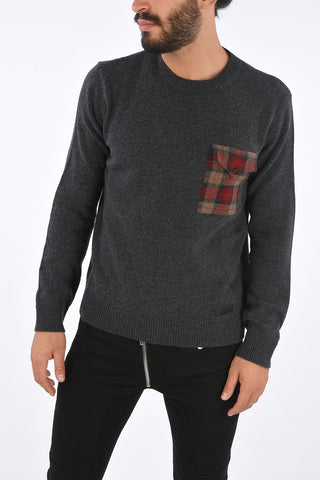 Wool Tartan Pocket Crew-Neck Sweater