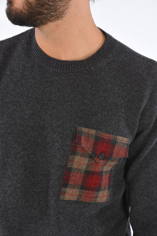 Wool Tartan Pocket Crew-Neck Sweater