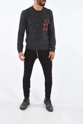 Wool Tartan Pocket Crew-Neck Sweater