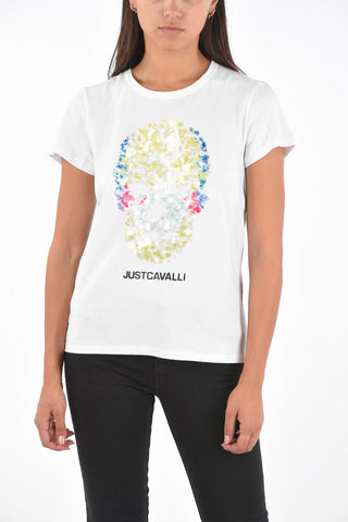 T-Shirt Girocollo con Ricamo Skull in Paillettes