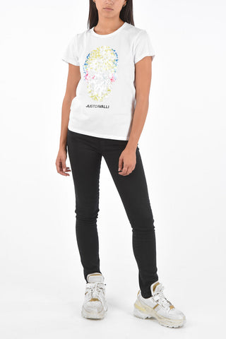 T-Shirt Girocollo con Ricamo Skull in Paillettes