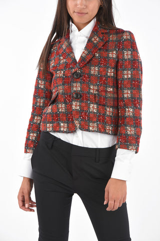 Unined Tartan Sequined Cropped Blazer