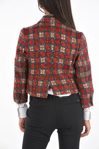 Unined Tartan Sequined Cropped Blazer
