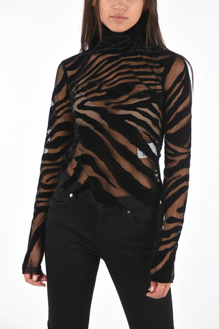 Slim Fit Turtle-Neck Sheer Sweater with Velvet Details
