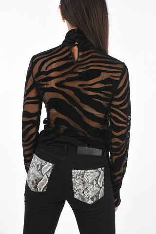 Slim Fit Turtle-Neck Sheer Sweater with Velvet Details