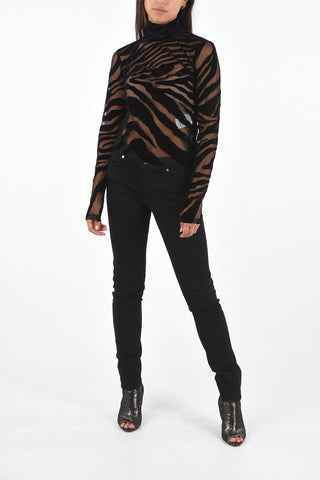 Slim Fit Turtle-Neck Sheer Sweater with Velvet Details
