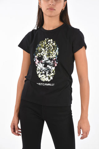 Sequined Skull Embroidered Crew-Neck T-Shirt