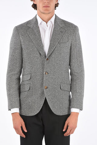 plain herringbone cashmere and wool 3-button blazer