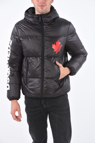 hooded down jacket with zip closure