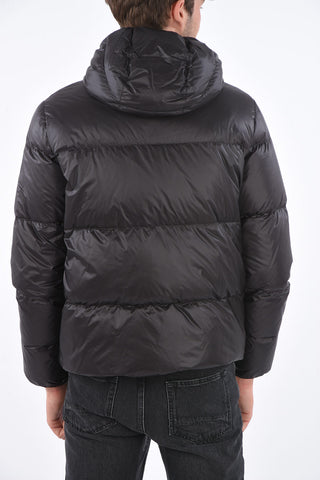 hooded down jacket with zip closure