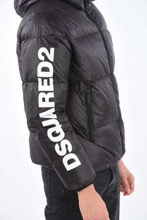 hooded down jacket with zip closure