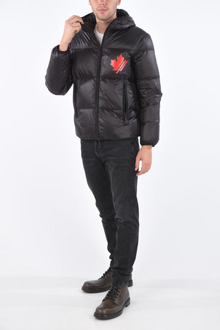 hooded down jacket with zip closure