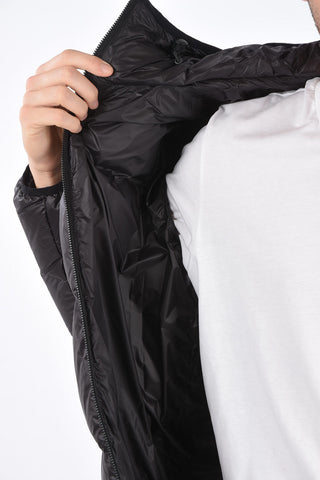 hooded down jacket with zip closure