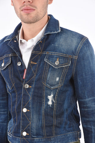 Giubbotto in Denim Distressed con Orlo a Contrasto 