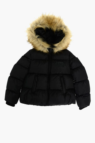 Hooded down jacket with eco-fur