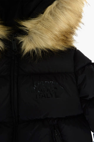 Hooded down jacket with eco-fur