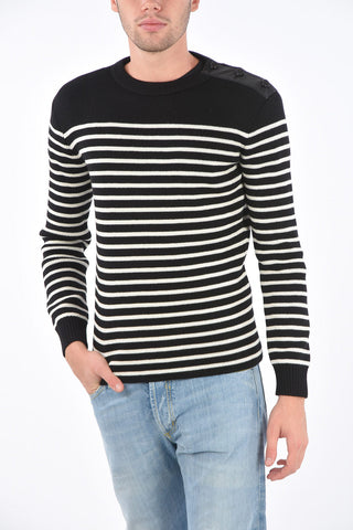 triped crew-neck- sweater with leather detail