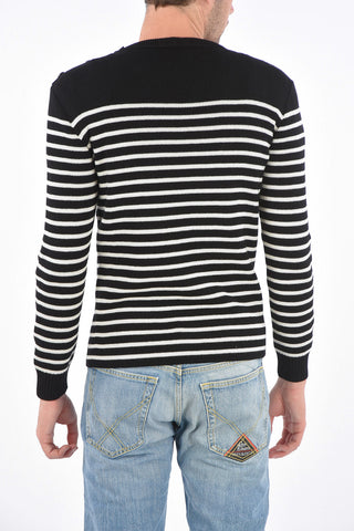 triped crew-neck- sweater with leather detail