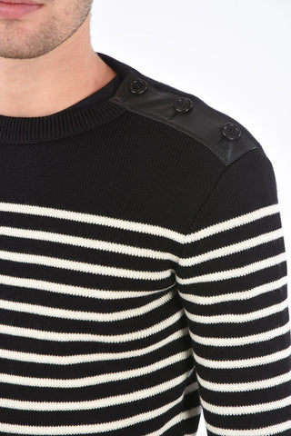 triped crew-neck- sweater with leather detail