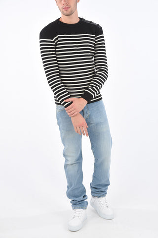 triped crew-neck- sweater with leather detail