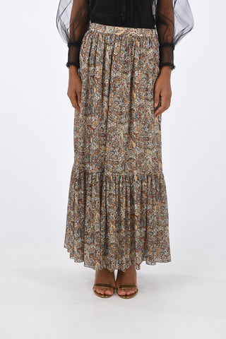 Floral Silk Trumpet Midi Skirt with Jewel Lurex Details