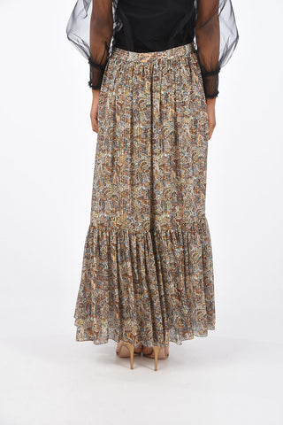 Floral Silk Trumpet Midi Skirt with Jewel Lurex Details