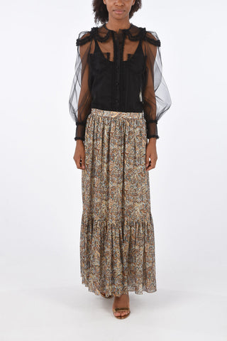 Floral Silk Trumpet Midi Skirt with Jewel Lurex Details