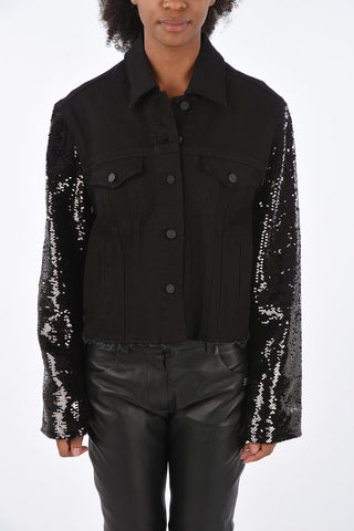 denim jacket with sequined sleeve