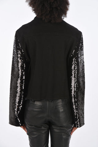 denim jacket with sequined sleeve