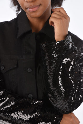 denim jacket with sequined sleeve