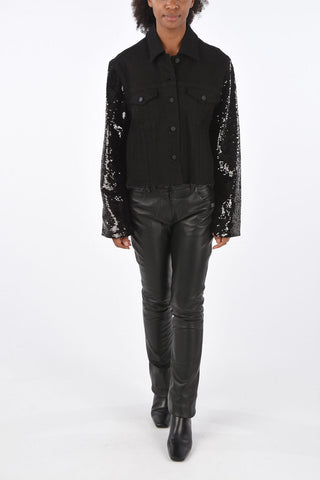 denim jacket with sequined sleeve