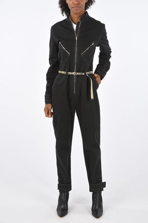 Denim Jumpsuit with 4 Pockets and Logo Belt